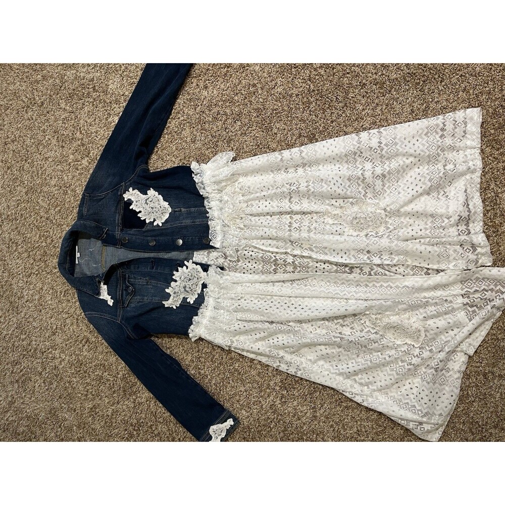 Lane Bryant 16 Custom Upcycled Denim Jacket Lace Dress Boho Cottagecore Plus - Picture 5 of 8